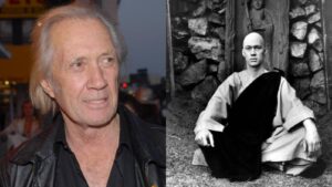Collage: left shows a smiling gray-haired man in a black leather jacket; right shows a bald monk in robes kneeling beside a stone statue in black-and-white photo.